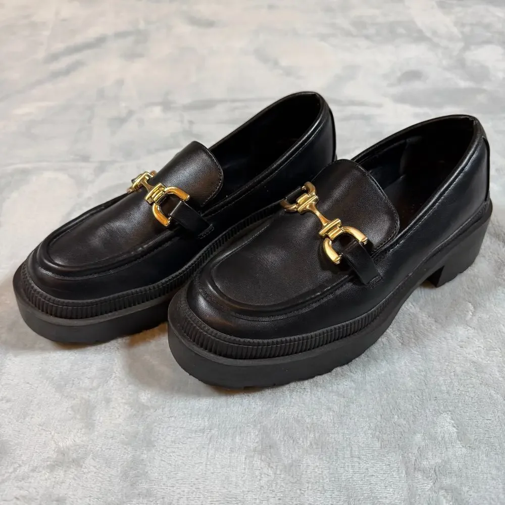 BCBGeneration Platform Loafers Gold Bit Chunky Black 6 Preppy, Dark Academia